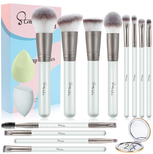 Makeup Brushes 15Pcs Makeup Kit, Start Makers Premium Synthetic Kabuki Foundation Powder Concealer Eyeshadow Blush Brushes Make up Brushes Set with 2pcs Blender Sponges & Mirror (Grey)