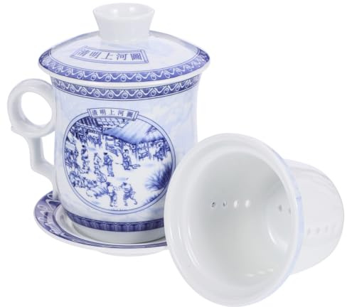 PartyKindom Blue and White Porcelain Tea Set Ceramic Cup with Lid and Infuser Traditional Chinese Tea Mug with Clear River Landscape Pattern for Home Brewing