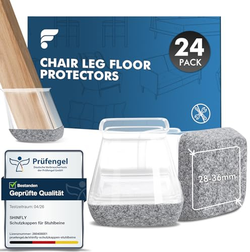 Shinfly Protector Patas sillas Silicona Cuadrados 24 Piezas, Tacos para Patas de sillas con Fieltro de Alta Densidad, Antirrayaduras y Antirruido, Protegen el Suelo (L 28-36 mm, Transparente)