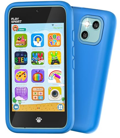PAMOX Kids Toy Phones with Dual Camera, Learning Toys Phones Gifts for Kid 3-12 with 200+ Educational Puzzle Games, 4 Touchscreen Rechargeable Blue Child Smartphones with Parental Control