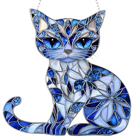 Cat Suncatcher - Blue & White Acrylic Window Decor | 8 Inch Hanging Cat Ornament With Chain, Stained Glass Style Decoration ForCat Lovers & Owners