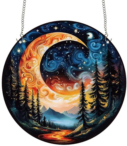 CREATCABIN Mond Fenster Sonnenfänger Acryl Aufhängen Himmlischer Baum Gebeizter Sonnenfänger Dekorationsornament Mit Kette Runde Wandtafel Kunst Für Zuhause Wohnzimmer Ausstellungsgeschenke 25x25cm
