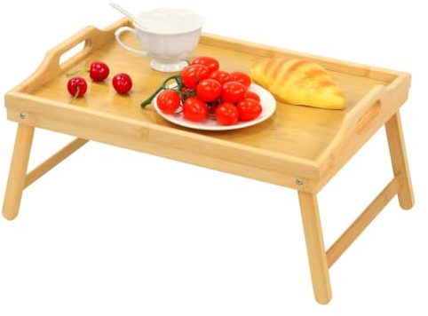 Betttablett Bambus, Klappbaren Serviertablett für Frühstück mit Griffen