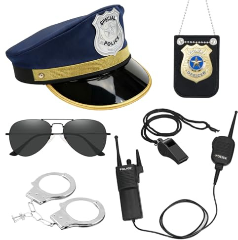 6 Stück Polizei Kostüm Zubehör, Polizei Mütze Sonnenbrille Walkie Talkies Abzeichen Pfeife Handschellen Kostüm, Damen Herren Faschingskostüme Kinder Polizei Cosplay Karneval Halloween Party Kostüm
