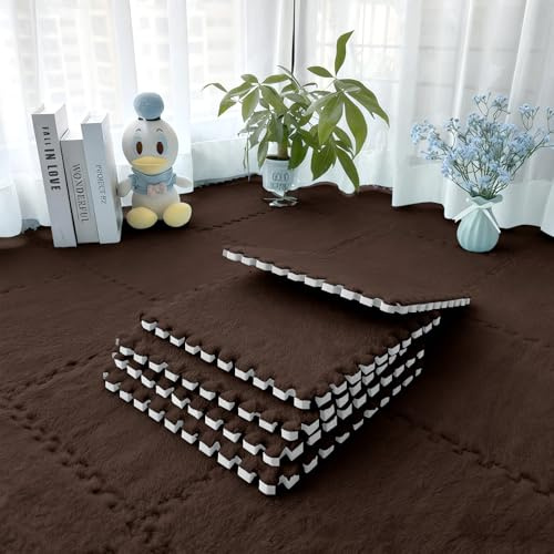 Plüsch Schaumstoffmatten, 12 Stück Flauschige Ineinandergreifende Teppichfliesen, 30x30cm Weiche Puzzle-Matten für Schlafzimmer, Salon, Homeoffice Dunkelbraun