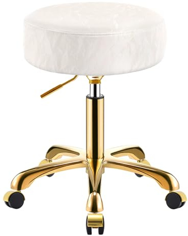 SCGSJZH Hocker mit Rollen, Gold Rollhocker Höhenverstellbar 45-58cm, PU Leder Gletscher Muster Schminkhocker, Runden Drehhocker für Heim, Büro und Klinik, Traglast 400 lbs (Weiß, ohne Rückenlehne)