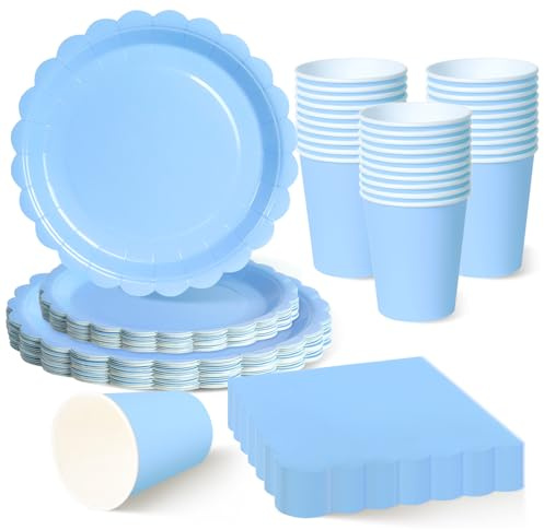 ZblPyro Azul Claro vajilla cumpleaños para 30 invitados con platos carton ondulados 23cm y 18cm, vasos de papel y servilletas. Ideal para baby shower niño y fiestas piscina.