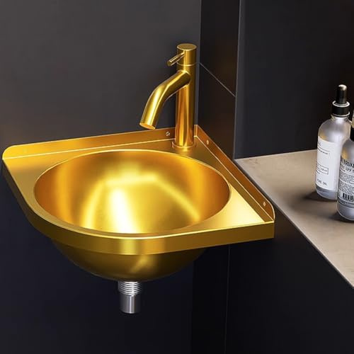 HEFJIAYCIQ Rostfritt hörnhandfat för badrum, Väggmonterat litet handfat för badrum, För inomhusbruk, garage, tvättstuga/förråd,Gold 1,32x32x17.5cm