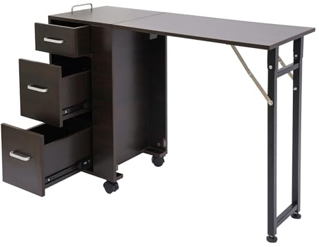 ROGONPDK Mesa de manicura portátil plegable con cajón, mesa de uñas de madera, mesa de uñas enrollable, mesa de manicura, mesa de ordenador, tocador, para salón, oficina y salones de uñas (marrón