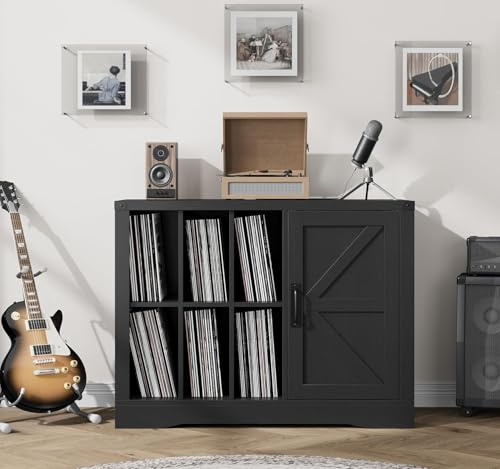 Takywep Record Player Stand with Door, Farmhouse Turntable Cabinet with Storage, Vinyl Record Storage Cabinet with Shelves for Up to 750 Albums, Multi-Purpose Wooden Media Console Table