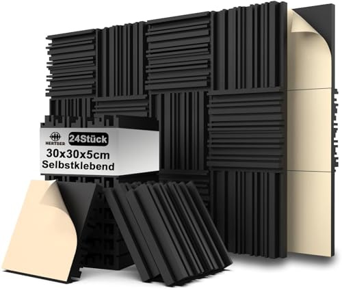 HERTBER 24 Stück Akustikschaumstoff Selbstklebend, Schwarz Gerillte Akustikpaneele 30 x 30 x 5 cm, Hohe Dichte Wandpaneele für Schalldämmung, Schallschutzplatten für Gaming Zimmer und Büro