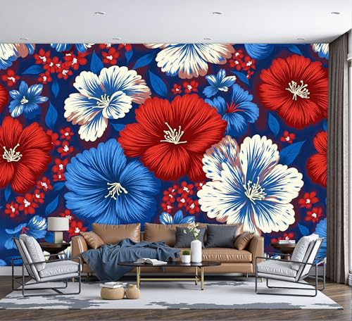 SMBHIAON Retro Plants and Flowers Wall Mural 3D Pansy Floral Pattern Wallpaper Large Blue and Red Wall Wallpaper for Living Room Bedroom 350 × 256 Cm