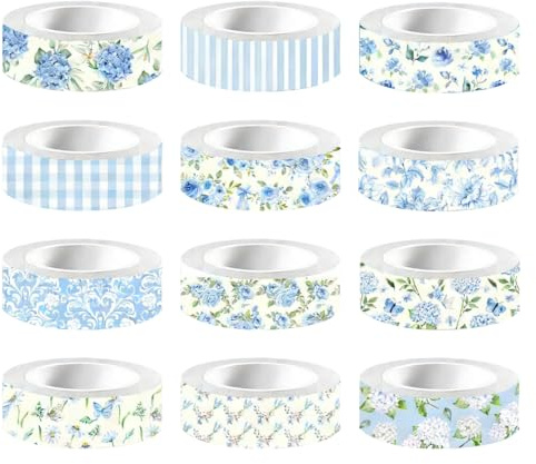 12 Pezzi Scotch Fiore Ortensia, 1.5 x 500 cm Nastro Adesivo Decorativo con Motivi Floreali e Griglia, Nastro Washi in Carta di Riso, per Scrapbooking, Confezioni Regalo e Decorazione Fai da Te