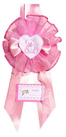Fiocco Nascita Rosa Cuore Orsetto con Ricamo