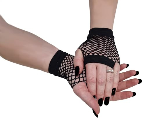 Komonee Short Fishnet Gloves Fingerless Mesh, Wrist Length Black Net for Women, Stretchy Sheer Edgy Costume Accessory for Rave Cosplay Halloween 80s Party, One Size