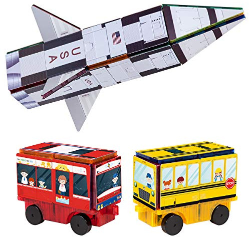 PicassoTiles Magnetiska byggstenar, STEM-lärande byggleksaksset, tidig utbildningsset, 3-i-1 raket, skolbuss, tågtema, självhäftande pussel, magnetiska plattor, byggstensleksak för barn