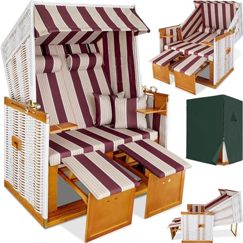 tectake® Strandkorb, Strandkorb Ostsee 2-Sitzer, verstellbare Rückenlehne, Volllieger mit Fußbänkchen und Seitentische, inkl. Schutzhülle & Kissen, Ideal für Balkon, Garten und Terrasse - rot/weiß