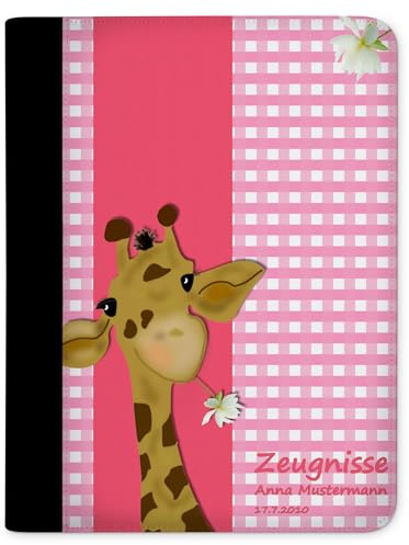 CreaDesign Zeugnismappe A4 mit Namen personalisiert – Giraffe Streifen Rosa – für Mädchen – Dokumentenmappe Schule ohne Klarsichthüllen
