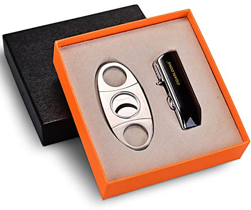 CIGARLOONG Ensemble Coupe-Cigare et Briquet Double Lame et Briquet Butane Rechargeable à Jet (Noir)