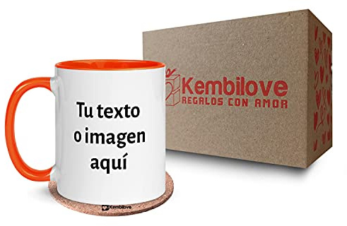 Kembilove Tazas desayuno Personalizadas con Foto – Regalos originales para hombre – Tazas originales para regalar – Capacidad 350 ml – Taza personalizada con el Interior en Color Naranja