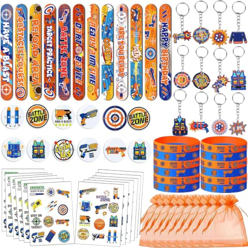 Ghberll Dart-Kriegs-Geburtstagsparty-Zubehör – Dart-Kriegs-Silikon-Armbänder, temporäre Tattoos, Geschenktüten, Aufkleber und Abzeichen für Babypartypistolen und Blaster, Partyzubehör, klein, 60 Stück