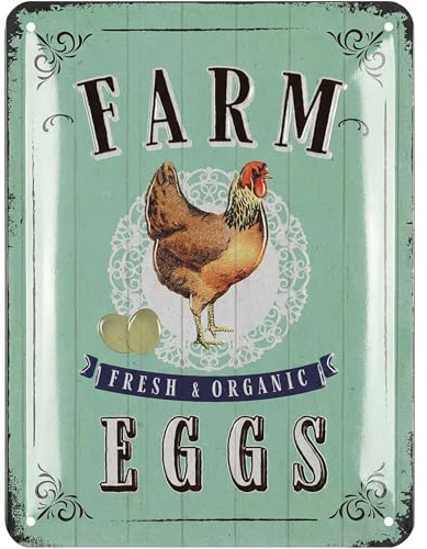 LANOLU Retro Blechschild Hühnerstall Schild - Hühner Schild frische Eier FARM FRESH EGGS - Hühner Deko Geschenk als Hühnerstall Zubehör und Wanddeko für die Küche, Metallschild15x20cm