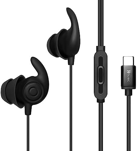 Hmusic Audífonos para Dormir, Auriculares de sueño con Cable, Auriculares para Dormir Ultra Ligeros de Silicona Suave USB Tipo C con micrófono para Dormir de Lado, Yoga, Viajes, meditación (Negro)
