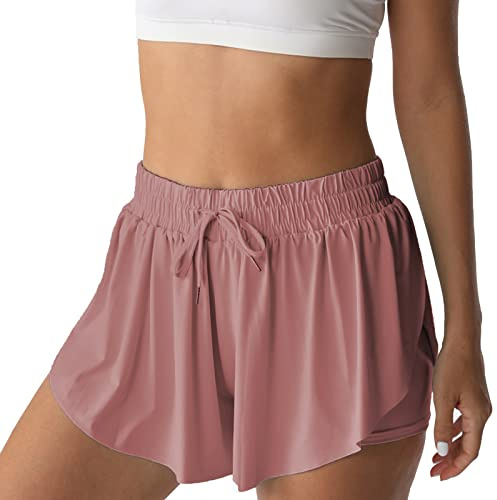 NEXSONIC Flowy Athletic Shorts für Frauen Laufen Tennis Schmetterling Shorts Mädchen 2-in-1 Doppelschicht Schnell Trocknend Bequeme Shorts, Blasses Pink, XX-Small