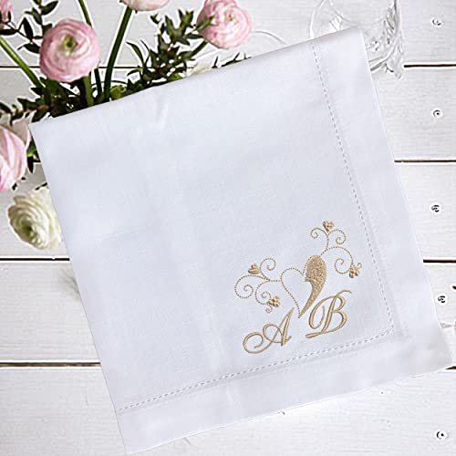 Stoffservietten Bestickt mit Monogramm und Herz, Valentinstag, Hochzeit, Servietten, 44x44cm, 100% Baumwolle, Servietten Bestickt (Glitzer Gold)