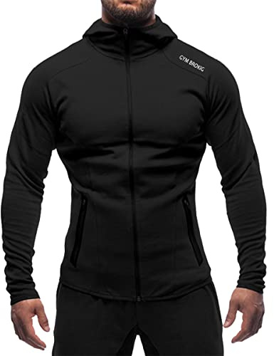 BROKIG Men's Gym Hoodies, Running Jacket Training Tracksuit Sports Tops with Zip Pockets (Black, Small)