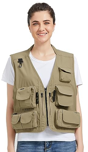 Ziker - Chaleco de pesca para fotógrafos de malla transpirable para mujer, con bolsillos (as1, alfa, xx_l, regular, color caqui), Caqui, XXL