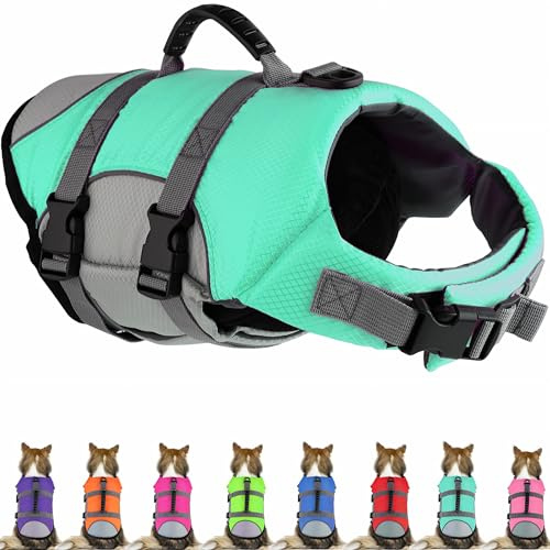 Mklhgty Dog Life Jacket, Reflective Adjustable Dog Life Vest with Rescue Handle for Swimming and Boating, Ripstop Pet Safety Life Preserver for Small, Medium and Large Dogs