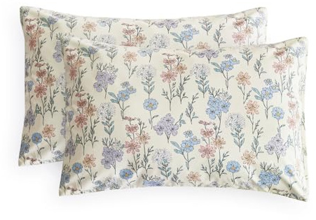 Wake In Cloud - Floral Pillow Cases, Cute Colorful Flower Shabby Chic Coquette Cottagecore Botanical Flower, Set of 2 Soft Pillowcases Pillow Shams Covers, Ivory Blue, King Size 20x36 Inches