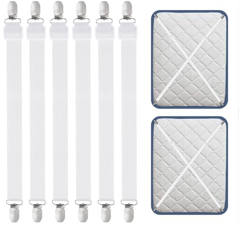 Carehabi Tenditori per Lenzuola Regolabili, 6 Pezzi, 55-250 cm, Elastici per Lenzuola, Colore Bianco, con Clip in Metallo, per Lenzuola Letto Ferma Lenzuola