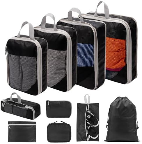BillyBath Koffer Organizer set 10-teilig, Packing Cubes, Kleidertaschen Schuhbeutel Reiseorganizer Packwürfel Kosmetik Travel Organizer Packtaschen für Koffer (Schwarz)
