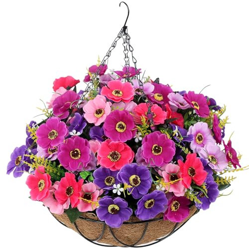 LARDUX Artificial Hanging Baskets with Flowers - 12 Inch Large Silk Fake Flower Hanging Basket for DIY Outdoor Garden Home Yard Patio Decoration
