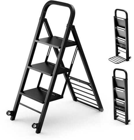 COSTWAY 2-In-1 Hand Truck & Ladder, 3 Step Foldable Ladder Trolley with Non-slip Wide Pedals and 2 Directional Wheels, Heavy Duty Steel Dolly Cart Sack Barrows, Up to 250KG