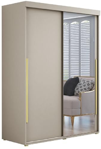Meble Slupia - Garderobenschrank - Kleiderschrank mit Spiegel und Schiebetüren - 200x202x62cm - Kleider Schrank Schlafzimmer mit Kleiderstange - IGA 01 Kaschmir, Griff Gold
