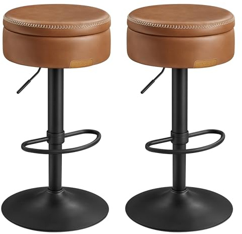 VASAGLE 360° drehbarer Barhocker, 2er Set, höhenverstellbar, mit Stauraum | Barstuhl, Kunstleder, Mid-Century-Modern-Stil, einfache Montage, Küche, Hausbar, karamellbraun, EKHO Kollektion LJB299K01