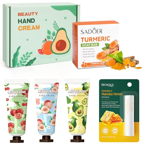 Coffret Cadeau Femme, Coffret de Soins Pour femme,3 Crème pour les mains+Savon au curcuma+Baume pour les lèvres au miel, 5 pièces Coffrets cadeaux