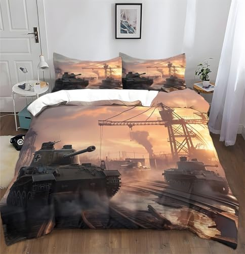 Generisch Bedding Bettwäsche-Set 3 teilig-Mikrofaser Bettbezug Set mit Auto Tiger-Panzer 1 Bettbezug 135 x 200 cm + 2 Kopfkissenbezug 80 x 80 cm, Gelb