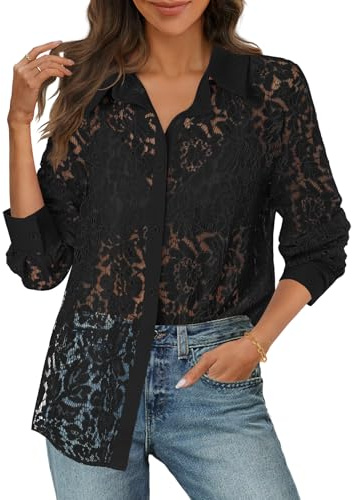 MEROKEETY Women's Lace Long Sleeve Tops Dressy Casual Blouse Button Down Sheer Elegant Summer Shirts, Black, Large