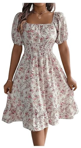 GORGLITTER Women's Floral Square Neck Puff Sleeve Smocked Dress A Line Flowy Midi Boho Dresses White Medium