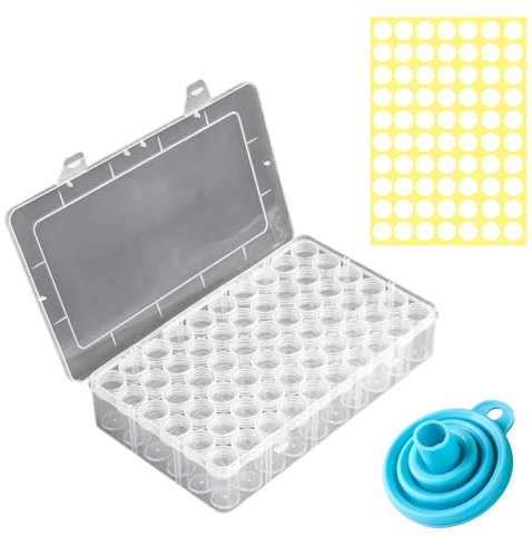 Ksvaye Diamond Painting Aufbewahrungsbox mit 60 Gläser, Perlen Aufbewahrungsbox mit Trichtern und Stickers, Diamond Painting Organizer Zubehör für Diamant Painting Bilder Steine Samen Schmuck Strass