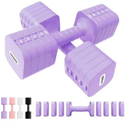 Passer 20 kg justerbara hantlar set, 5-i-1 hantlar, set om 2 (2/4/6/8/10 kg per hantel), vikter hantlar kvinnor män justerbar dumbbell set för fitness, hemmagym, styrketräning – lila
