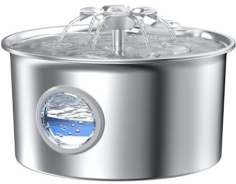 Fuente para Gatos Acero Inoxidable: Bebedero Gatos - 2.6L Fuente Perros Automatico - Silencioso Bebedero Automatico Perro - Dispensador Agua Mascota - Cascada de Flores - con Ventanas de Perspectiva