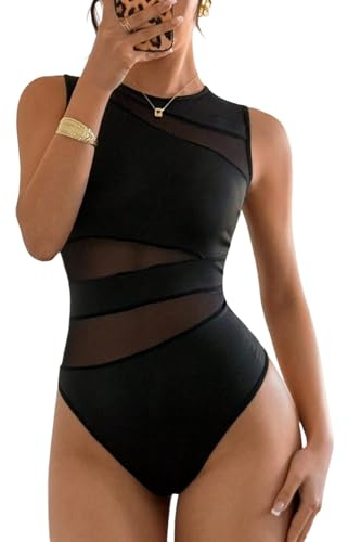 GORGLITTER Dambodysuit ärmlös body transparent bodysuits rund krage bodys sommar nät blusbody eleganta tanktoppar, svart, M