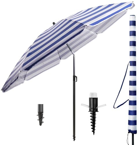 Menz Sonnenschirm Strand Ø 180 cm mit Bodenhülse 3-in-1 SET, Blau-Weiß