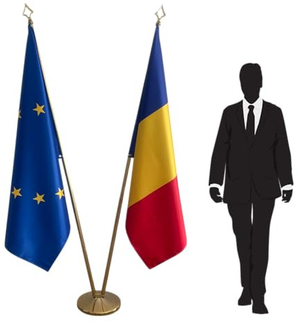 Banderas Rumania + Unión Europea con mástiles desmontables y base o pie estable - Uso interior para escuelas, embajadas, administraciones. Código CN8-EU-RO-L