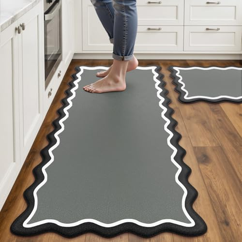 Arenarug Scalloped Black Gray Kitchen Mats Rugs Sets of 2 Cushioned Anti Fatigue Floor Mat Waterproof Kitchen Rugs Non Slip Foam Comfort Standing Mat for Sink Laundry